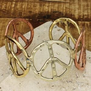 Mixed Metal Peace Sign Cuff Bracelet – Boho Hammered Vintage Style